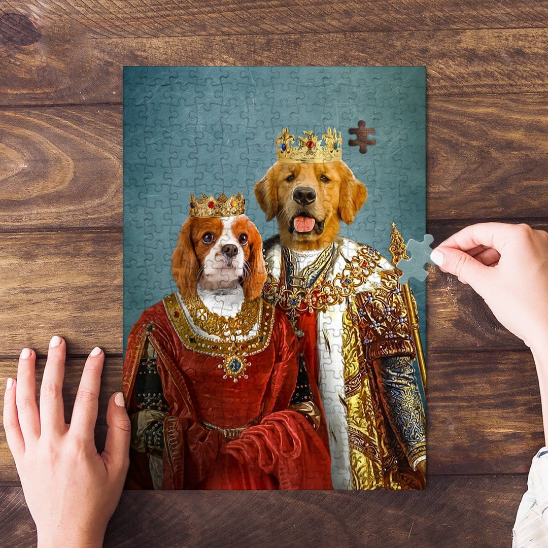 Custom King and Queen personalized 2-pet renaissance portrait puzzle featuring a Cavalier King Charles Spaniel and a Golden Retriever.