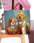 Personalized 2-pet tote bag with royal renaissance portraits of a Cavalier King Charles Spaniel and a Golden Retriever.