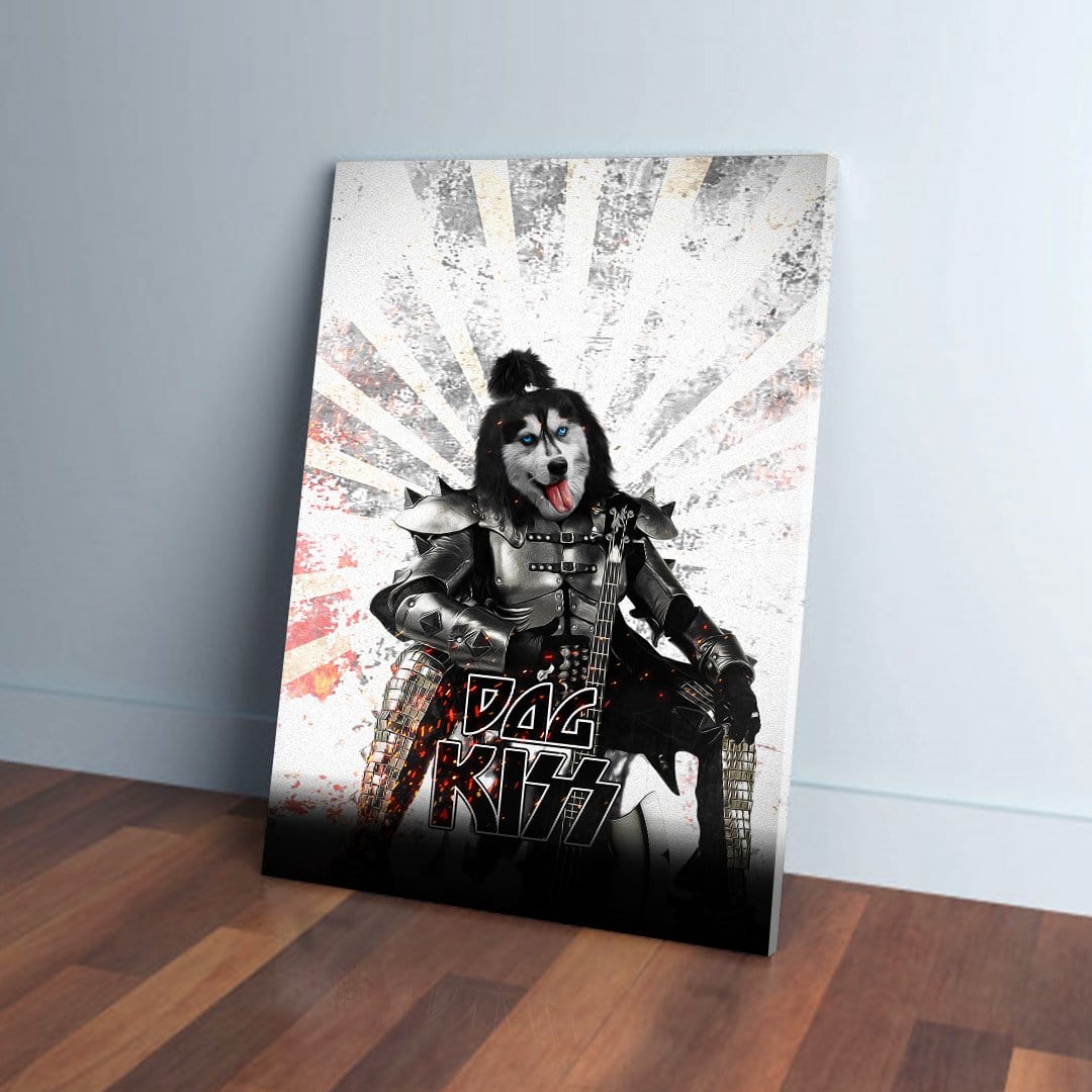 Personalized pet canvas featuring a husky dog in Kiss-style rockstar costume, holding a guitar.