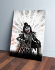 Personalized pet canvas featuring a husky dog in Kiss-style rockstar costume, holding a guitar.