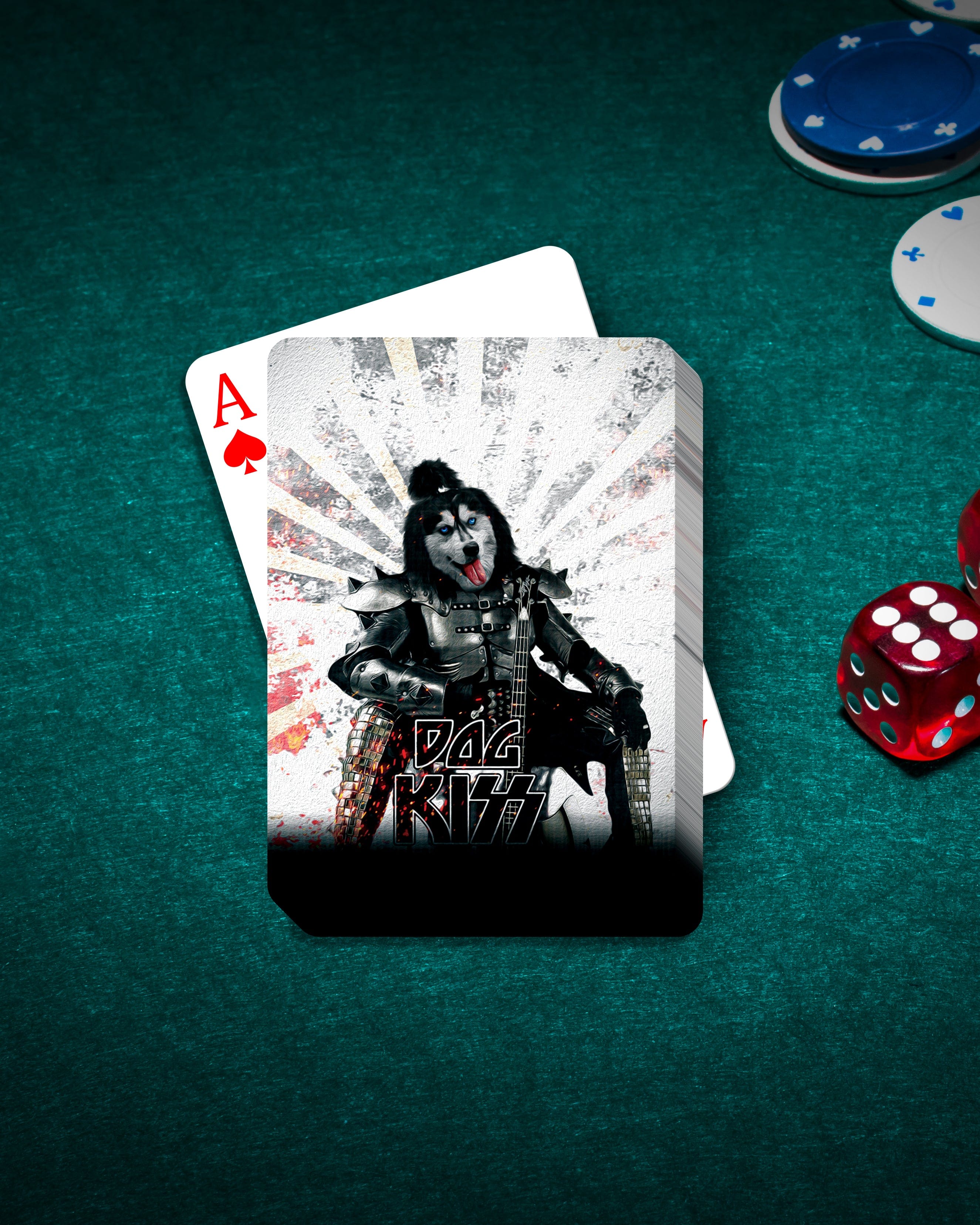 Personalized playing cards featuring a husky pet portrait in a Kiss band costume.