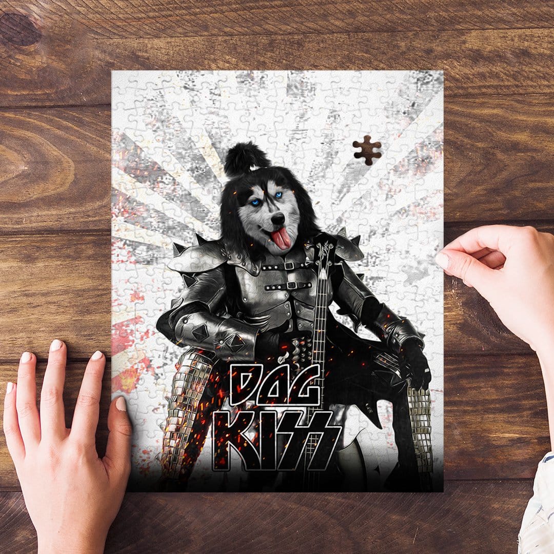 Personalized 'Kiss Doggo' pet puzzle featuring a husky in rockstar armor, with two hands assembling it.