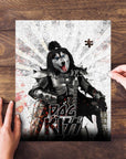 Personalized 'Kiss Doggo' pet puzzle featuring a husky in rockstar armor, with two hands assembling it.