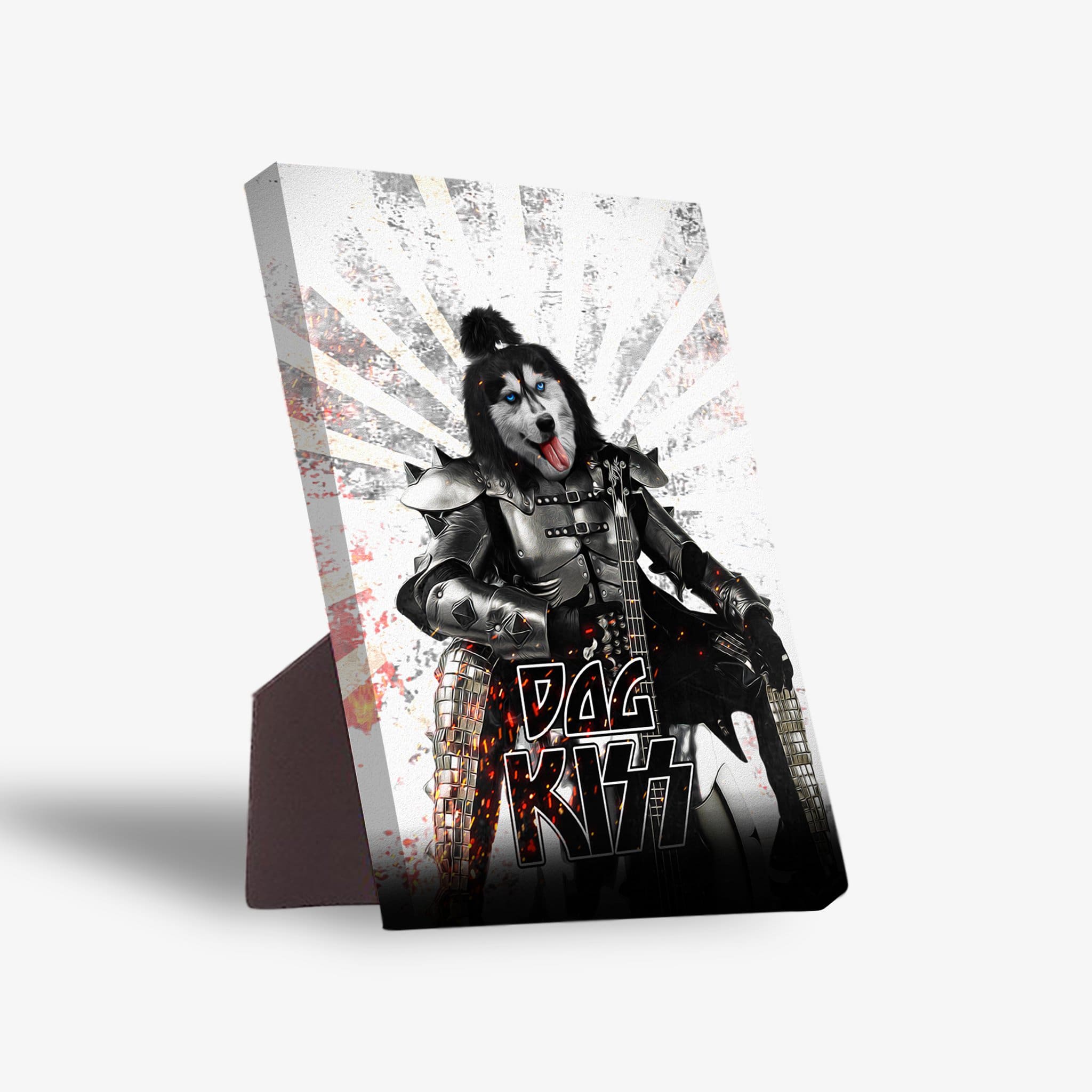 Personalized standing canvas featuring a husky dog in Kiss-style armor holding a guitar, with a white and red sunburst background.