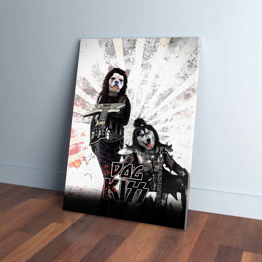Personalized 'Kiss Doggos' canvas featuring two pets dressed as rock stars, leaning against a white wall.
