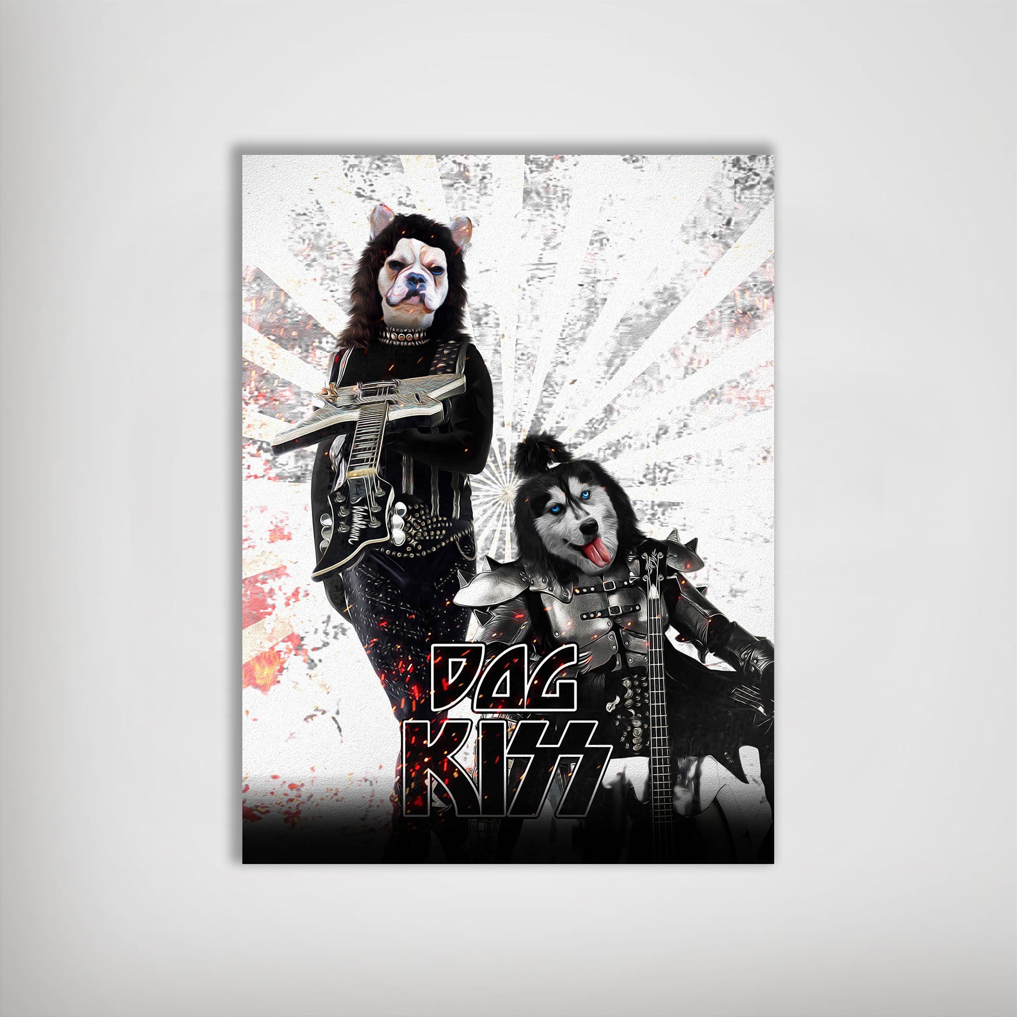 Personalized 'Kiss Doggos' poster featuring two pets dressed as rock stars with instruments.