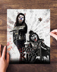 Personalized "Kiss Doggos" 2 pet puzzle featuring dogs dressed as rock stars, partially assembled on wood.