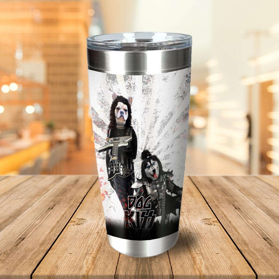 Personalized 2 pet stainless steel tumbler with custom dog portraits in rock band costumes.