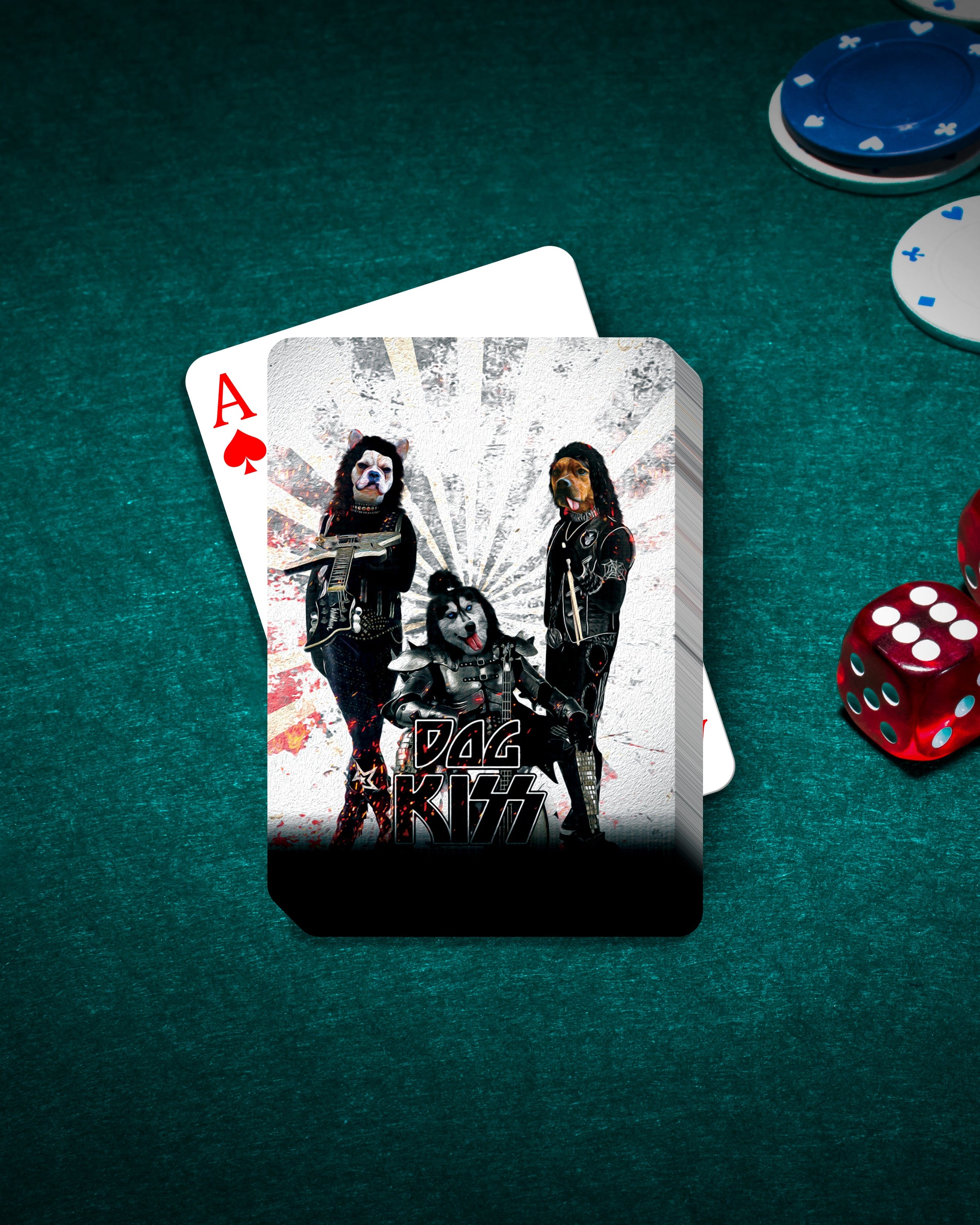 Custom personalized playing cards featuring three pets as rock band members on a green felt table with poker chips and dice.