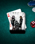 Custom personalized playing cards featuring three pets as rock band members on a green felt table with poker chips and dice.