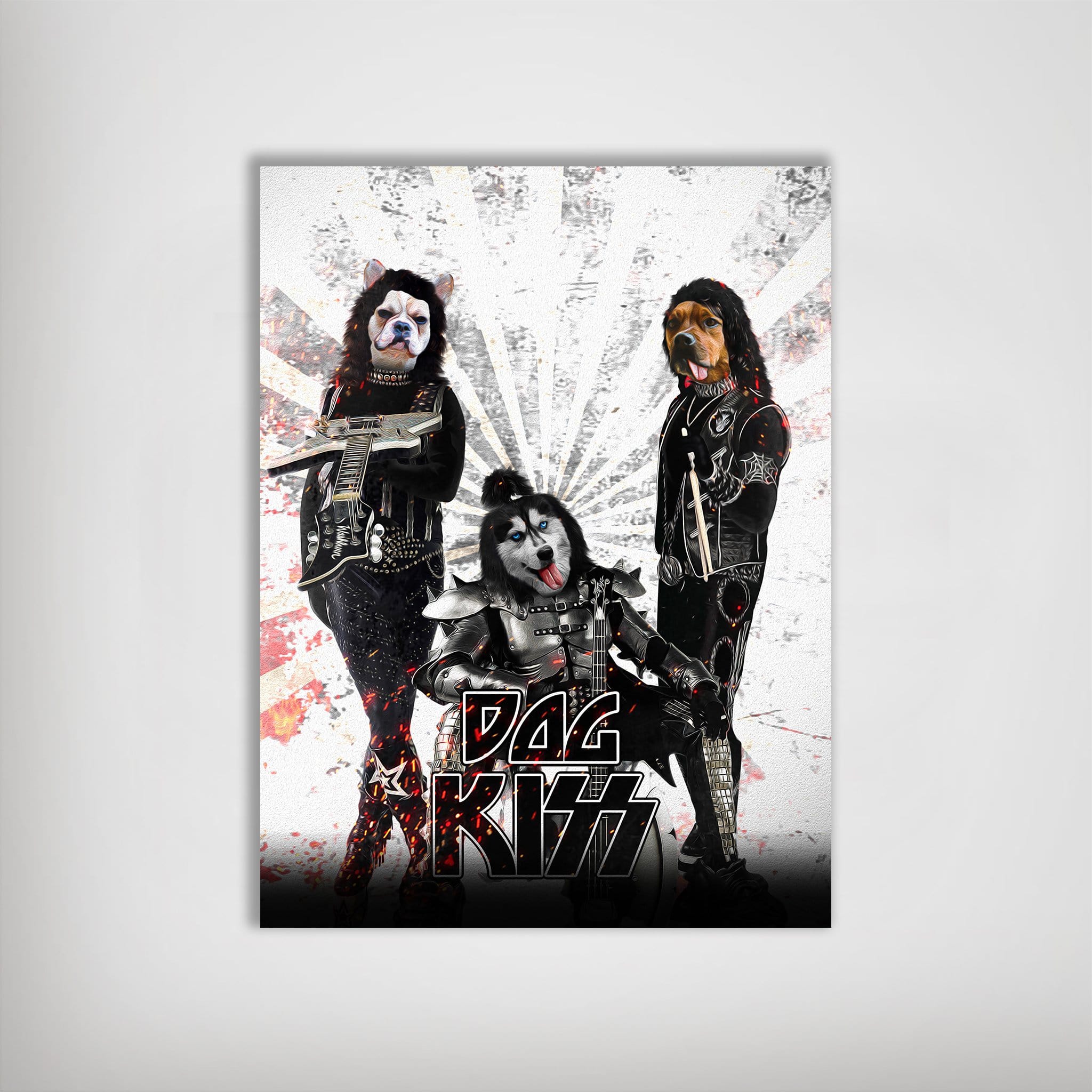 Personalized "Kiss Doggos" poster featuring three pets as rock stars in black and silver costumes.