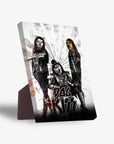 Personalized 'Kiss Doggos' standing canvas featuring three pets dressed as rock stars, with a sturdy back stand.