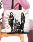 Personalized tote bag with three pet portraits in Kiss rock band costumes.