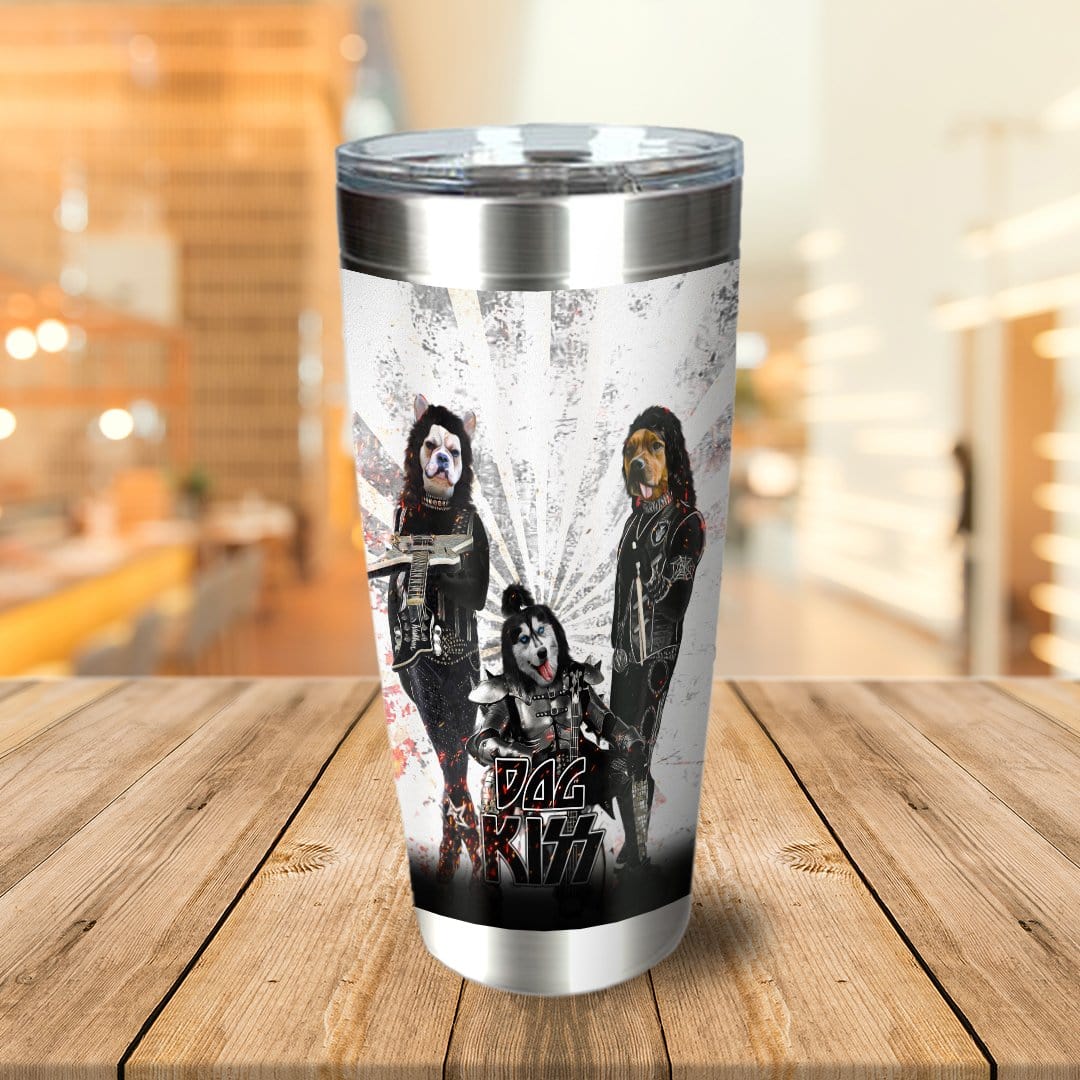 Personalized 3-pet stainless steel tumbler featuring dogs in a "Dog Kiss" rock band style.