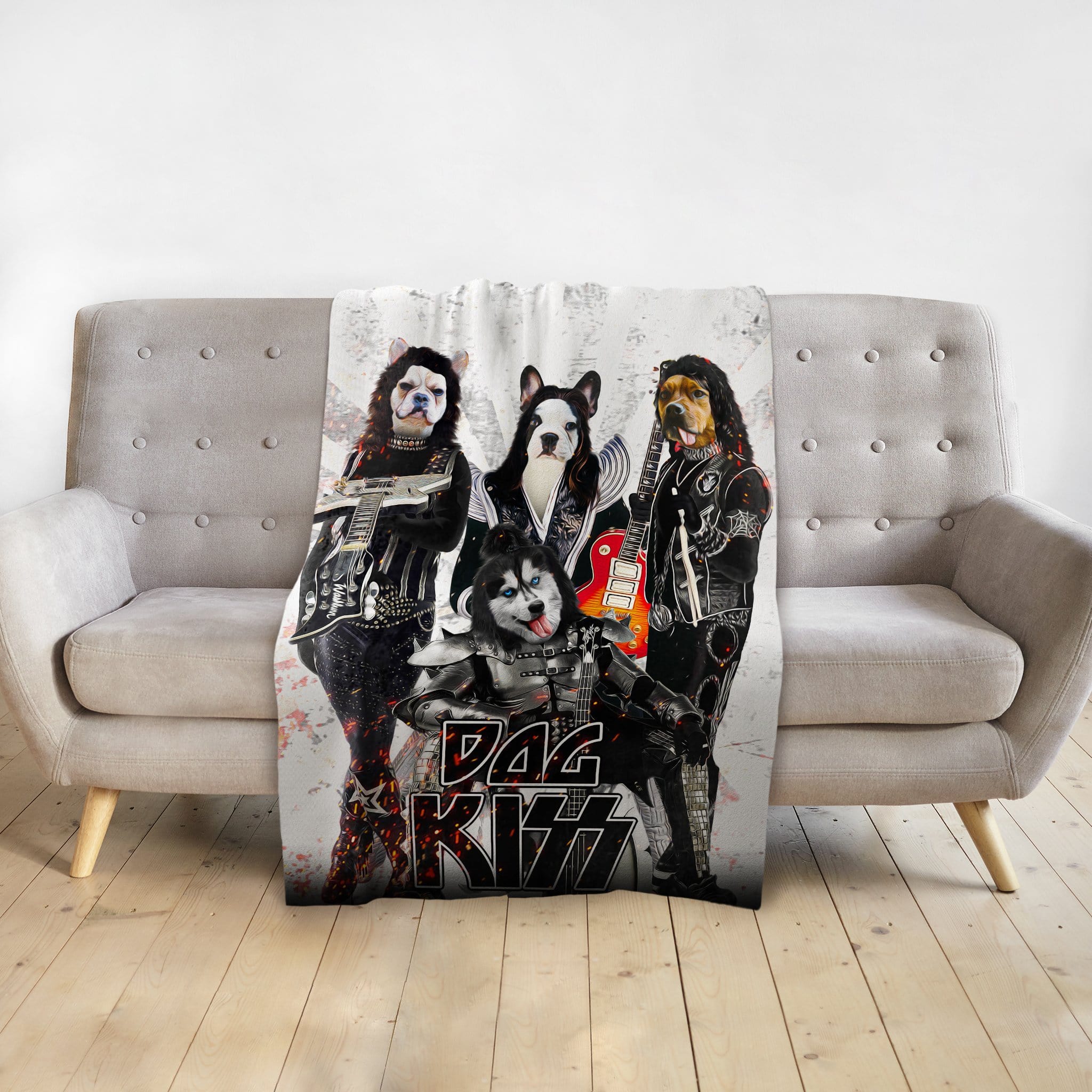 Custom personalized pet portrait blanket featuring four dogs dressed as the rock band KISS.