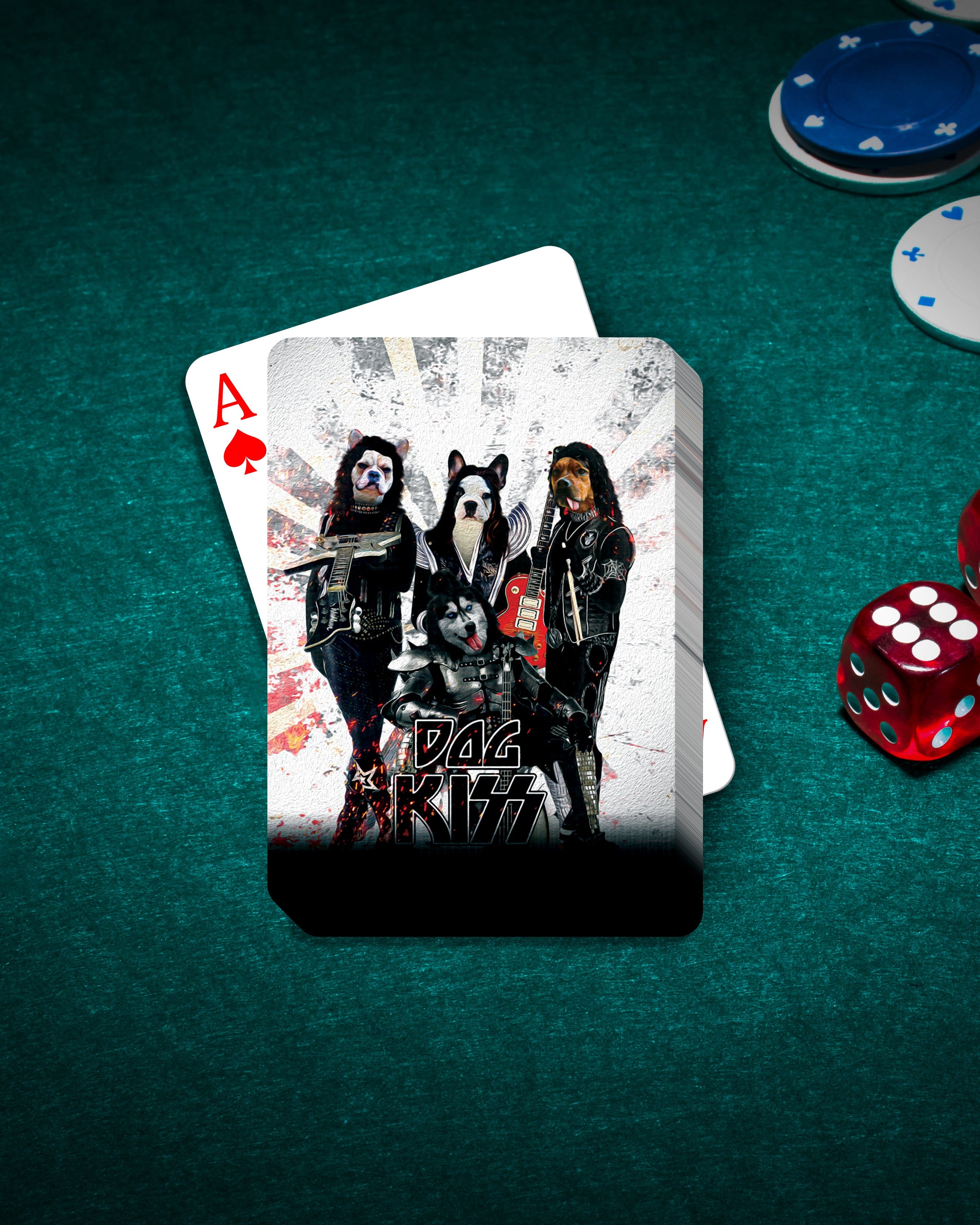 Personalized playing cards featuring four dogs dressed as the band Kiss, on a green poker table with chips and dice.