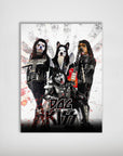 Personalized 'Kiss Doggos' poster featuring four pets dressed as rock stars, with a grunge background.