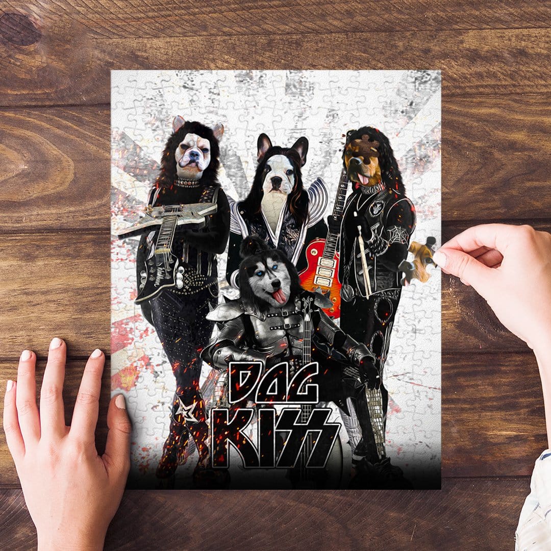 Personalized 'Kiss Doggos' puzzle featuring four pets as rock band members in black and silver costumes.