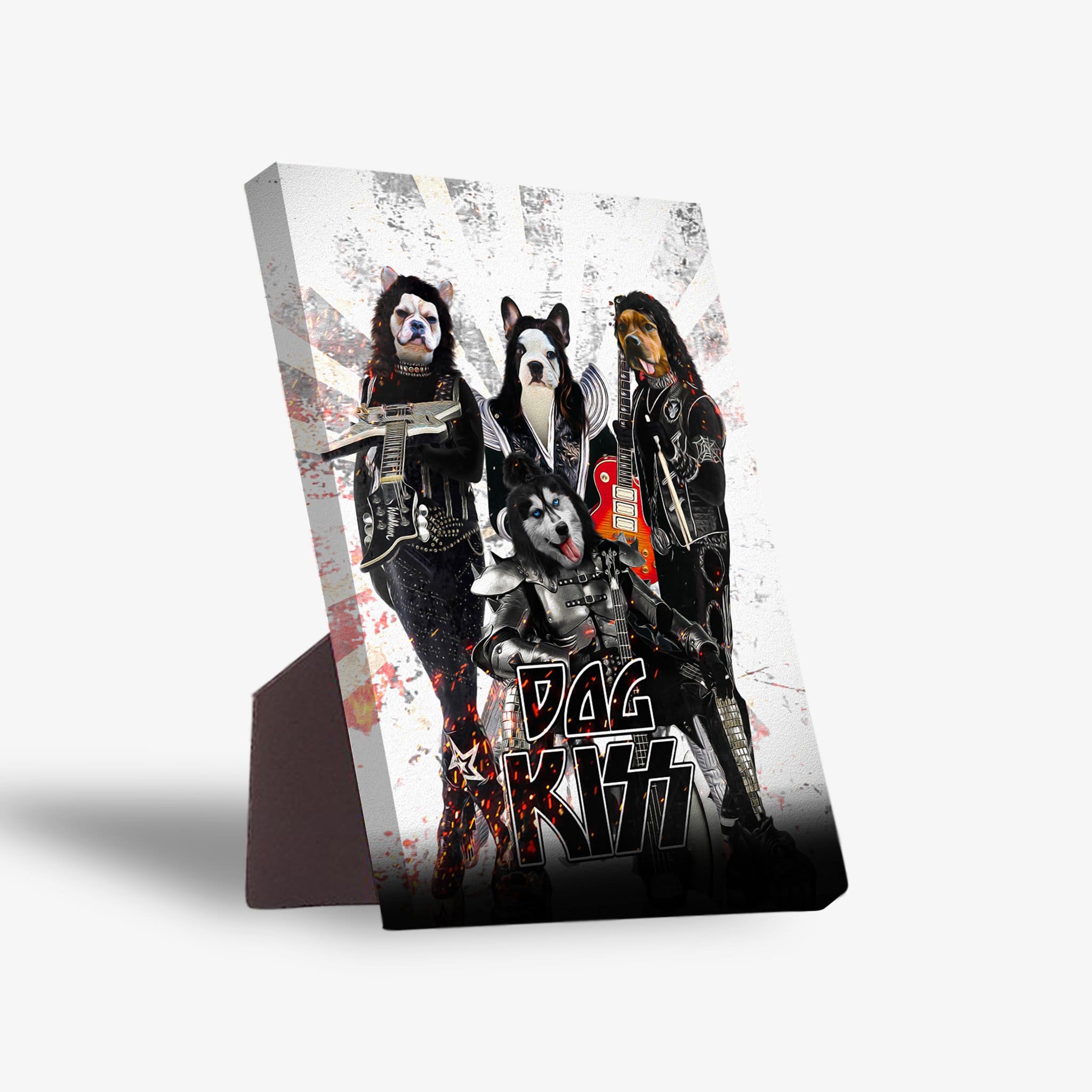 Personalized 'Kiss Doggos' standing canvas featuring four pets as rock stars with guitars, on a distressed white background.