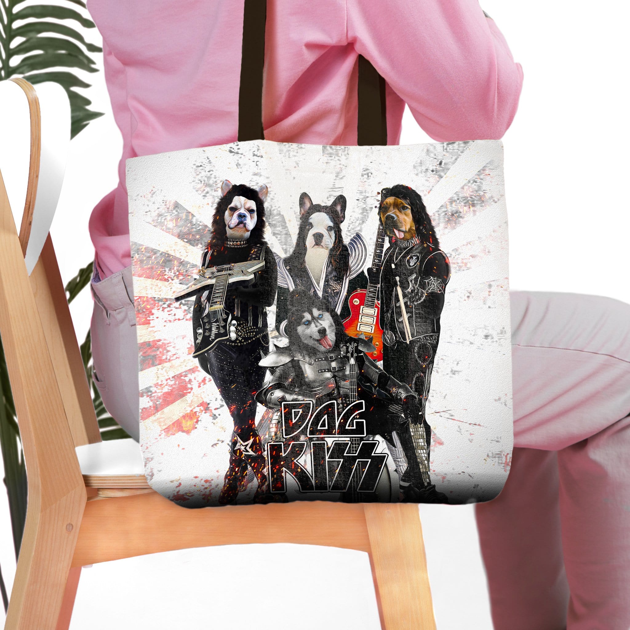 Personalized 4-pet tote bag featuring dogs dressed as rock band members with "DOG KISS" logo.