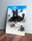 Personalized 'Kong-Dogg' canvas featuring a black German Shepherd as King Kong, surrounded by helicopters and clouds.