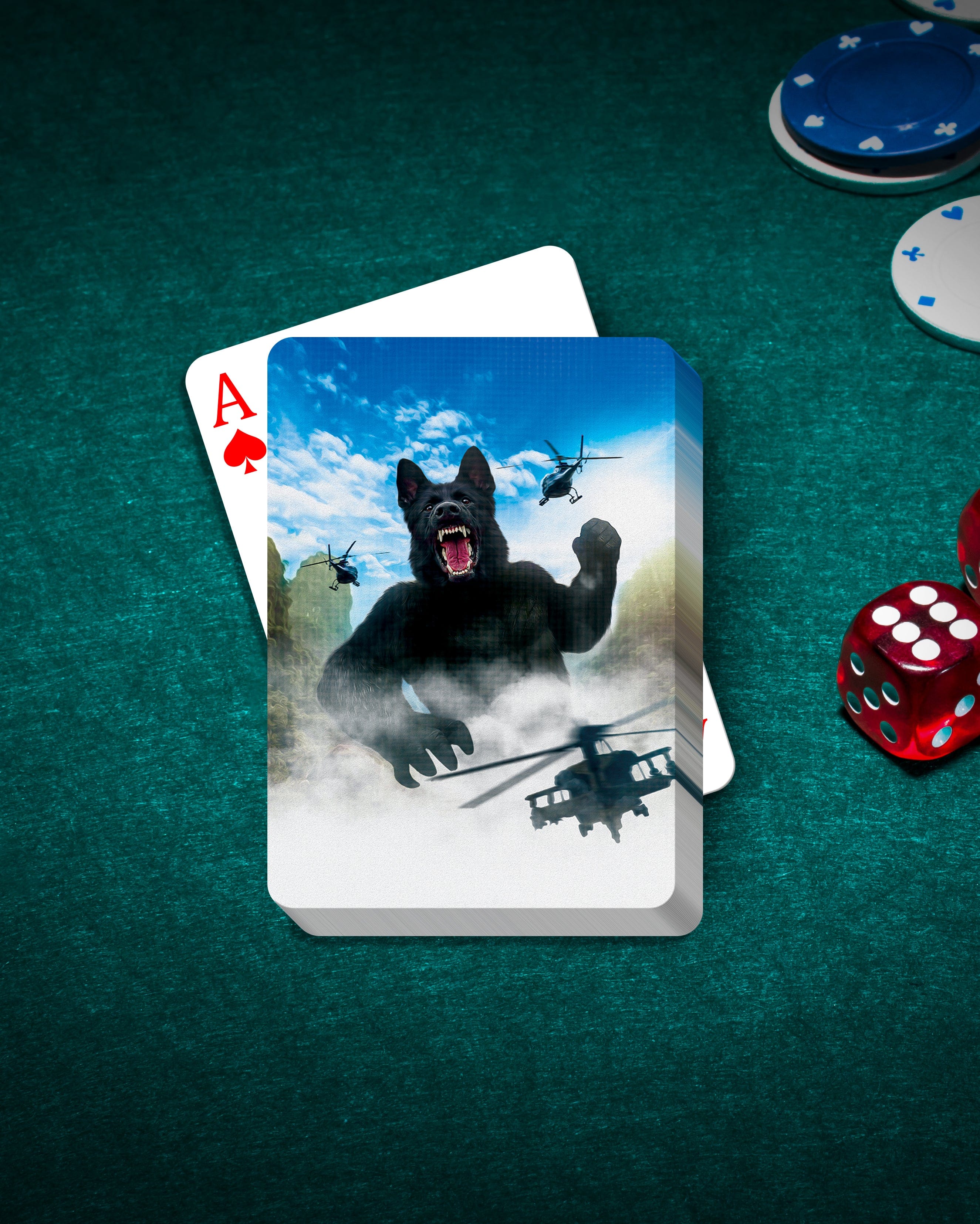 Personalized "Kong-Dogg" playing cards featuring a custom pet portrait of a black dog in a movie scene.