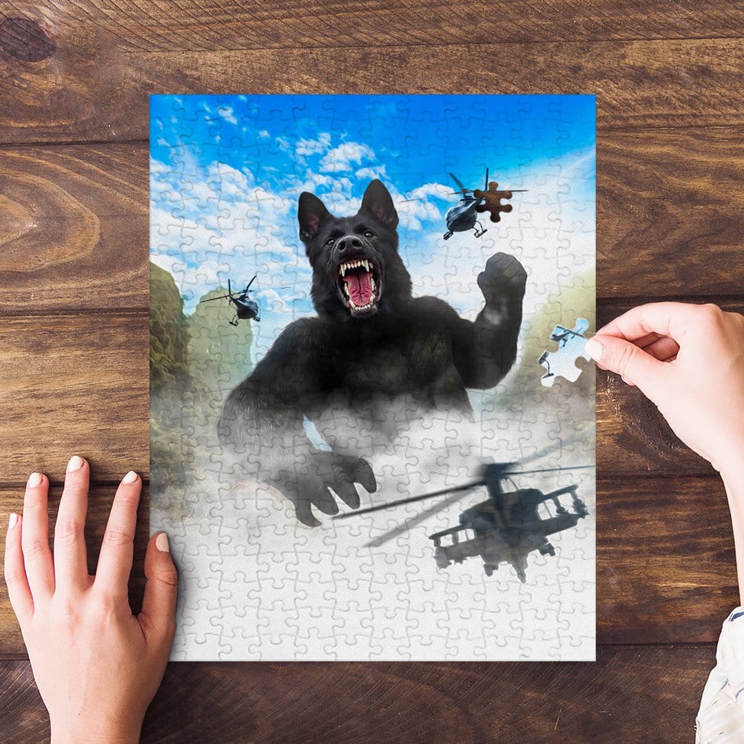 Custom Kong-Dogg personalized puzzle featuring a black German Shepherd in a King Kong-style scene.