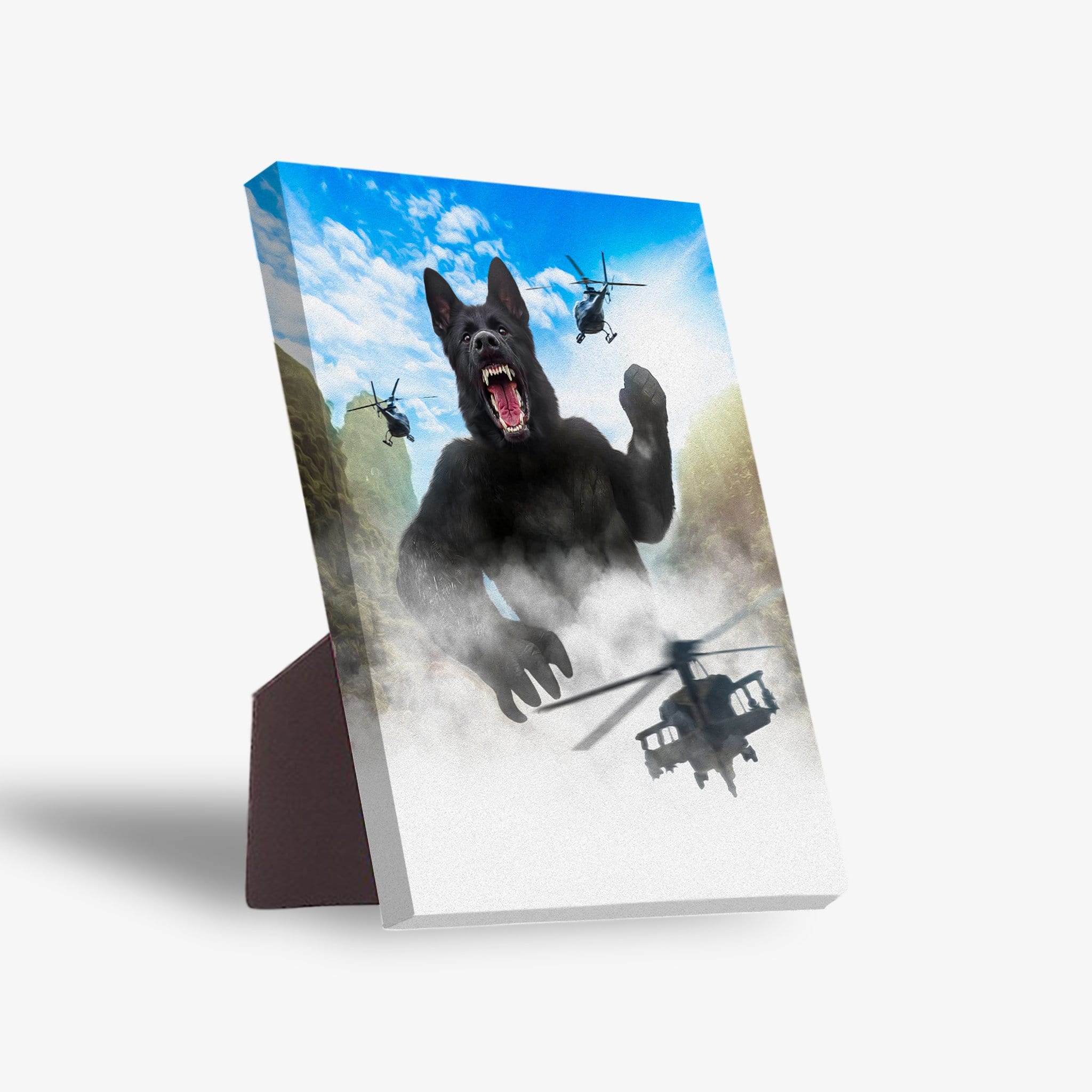 Kong-Dogg personalized standing canvas featuring a black German Shepherd as King Kong with helicopters.