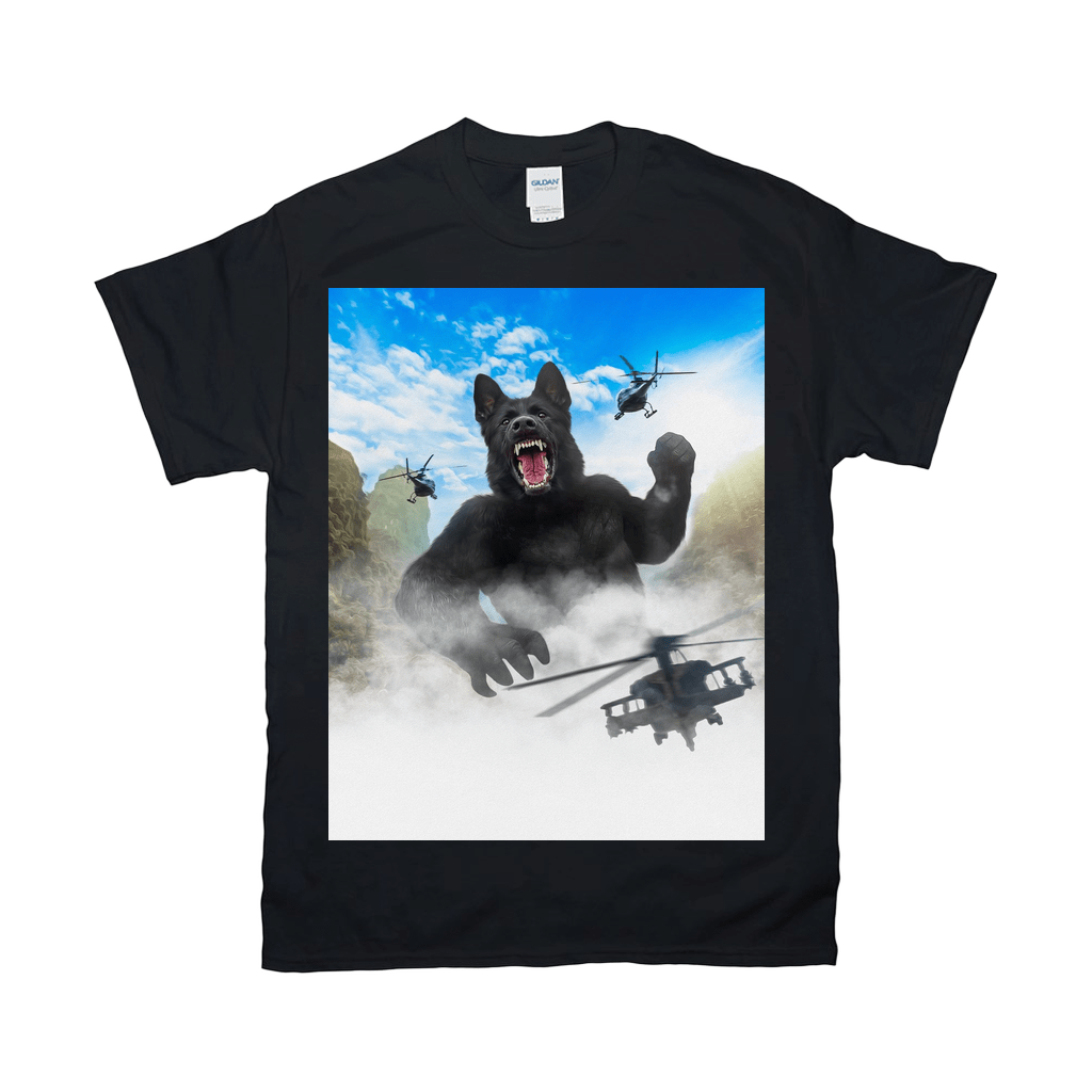 Black Gildan t-shirt with a custom "Kong-Dogg" design featuring a giant black dog and helicopters.