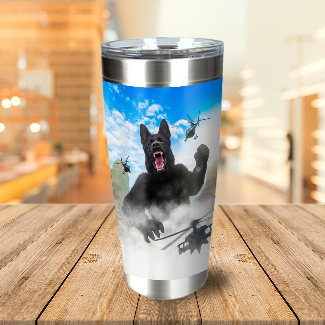 Personalized stainless steel tumbler with a custom Kong-Dogg portrait of a black German Shepherd.