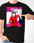 Black Gildan unisex t-shirt featuring a personalized dog in a red soccer jersey with "HYUN" above.