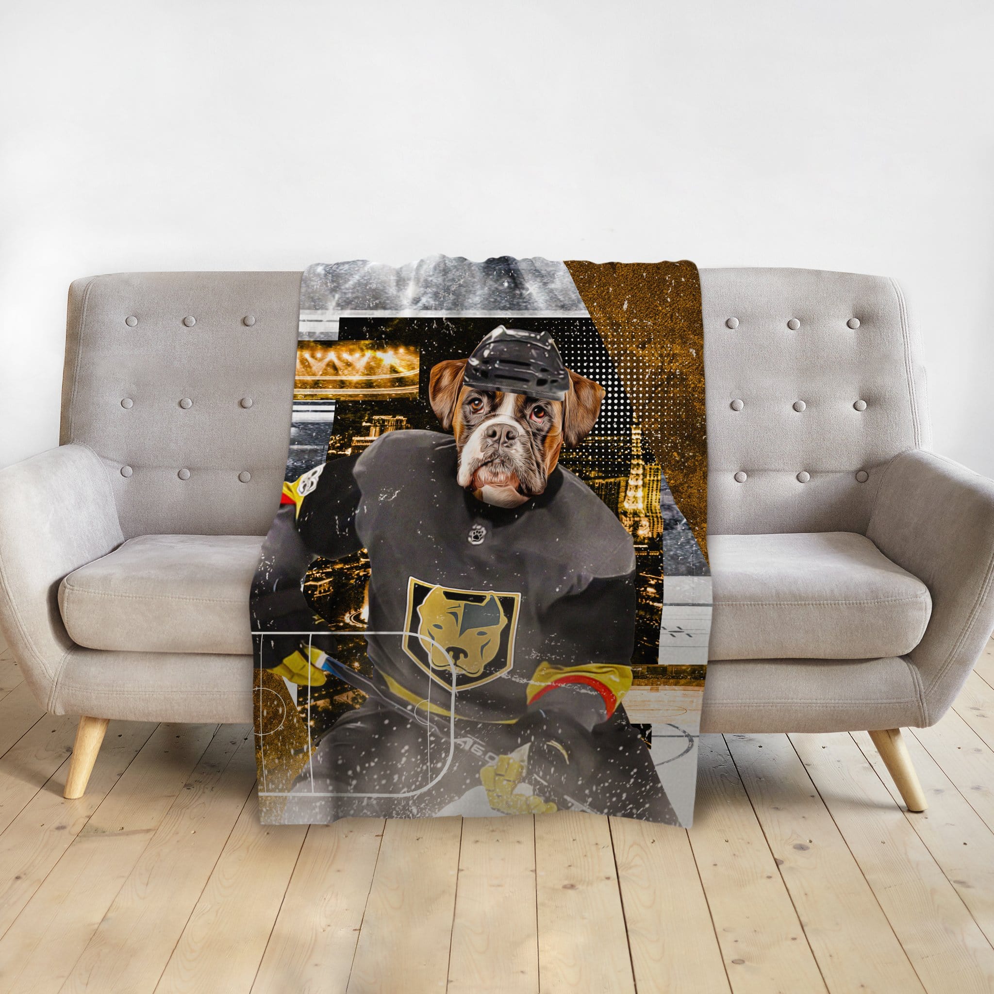 Personalized pet blanket featuring a bulldog in a Las Vegas Golden Knights hockey uniform.