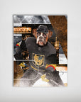 Personalized pet poster featuring a boxer dog in a black and gold Las Vegas Doggos Hockey uniform.