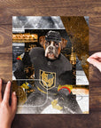 Personalized pet puzzle featuring a boxer dog in a black hockey uniform with gold accents.