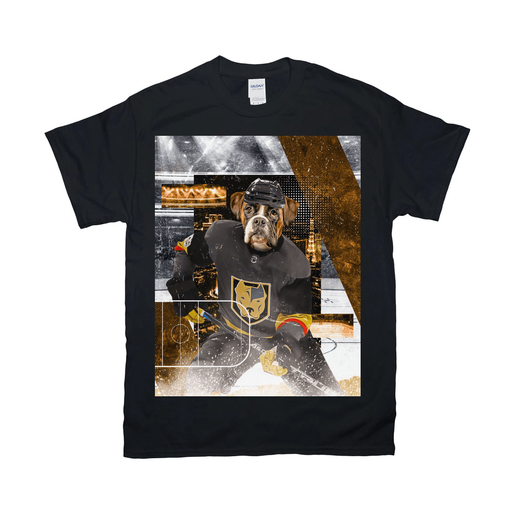 Black Gildan t-shirt with a bulldog in a Las Vegas Golden Knights hockey uniform, gold and gray abstract background.