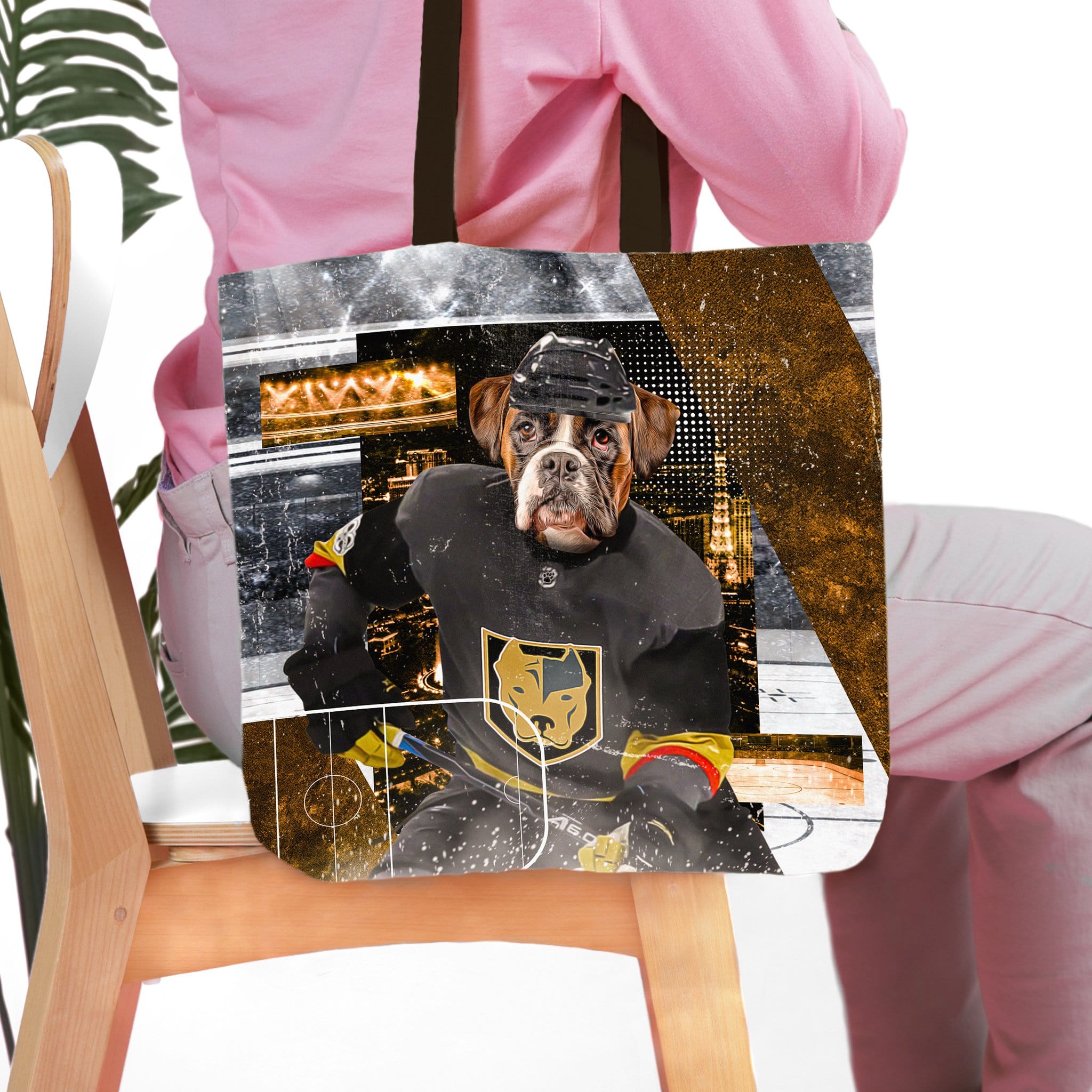 Personalized tote bag with a custom dog portrait in a Las Vegas Doggos Hockey uniform.