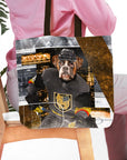 Personalized tote bag with a custom dog portrait in a Las Vegas Doggos Hockey uniform.