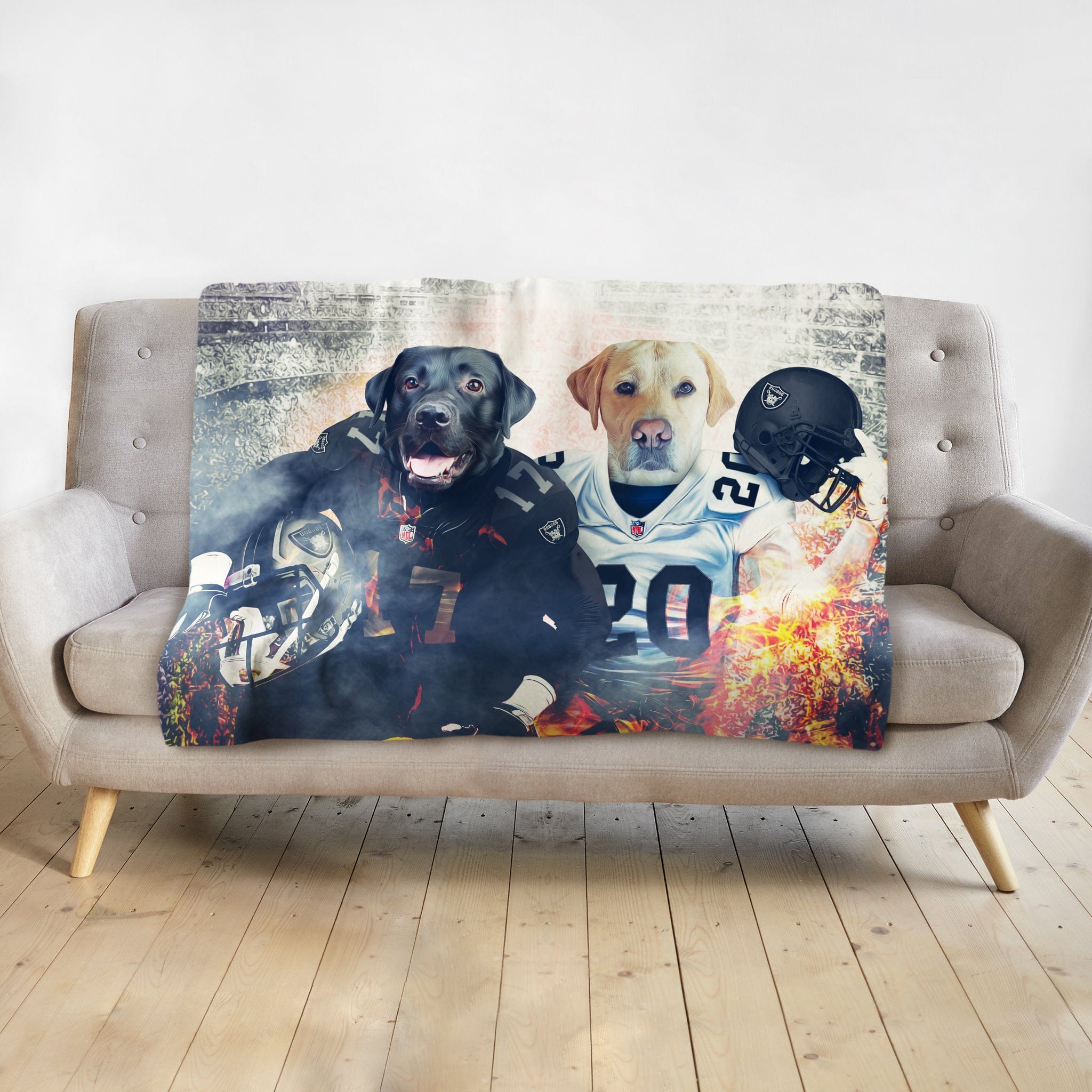 Personalized custom pet blanket featuring two dogs in Las Vegas Raiders football uniforms.