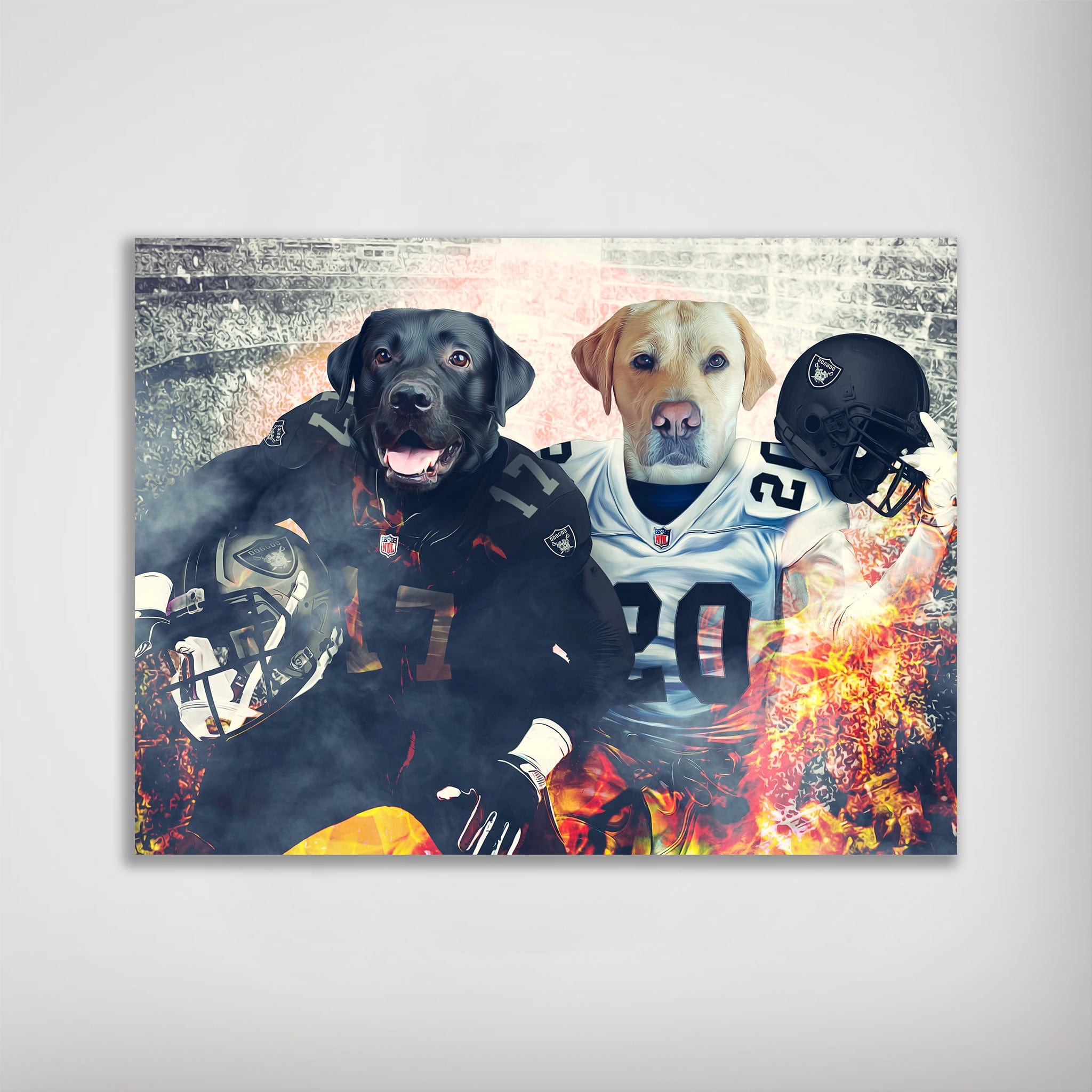 Personalized 'Las Vegas Doggos' poster featuring two dogs in football uniforms with fiery effects.