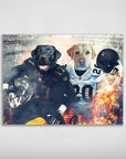 Personalized 'Las Vegas Doggos' poster featuring two dogs in football uniforms with fiery effects.