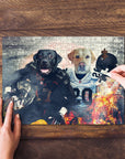 Personalized 2-pet puzzle featuring dogs in football jerseys, with a Las Vegas theme.
