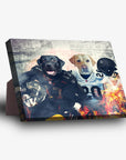 Personalized 'Las Vegas Doggos' standing canvas with two pets as football players, black and yellow labs, on a fiery background.