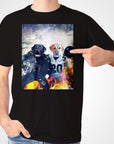 Black Gildan t-shirt with two dogs, a black and a yellow lab, in football uniforms on a fiery background.