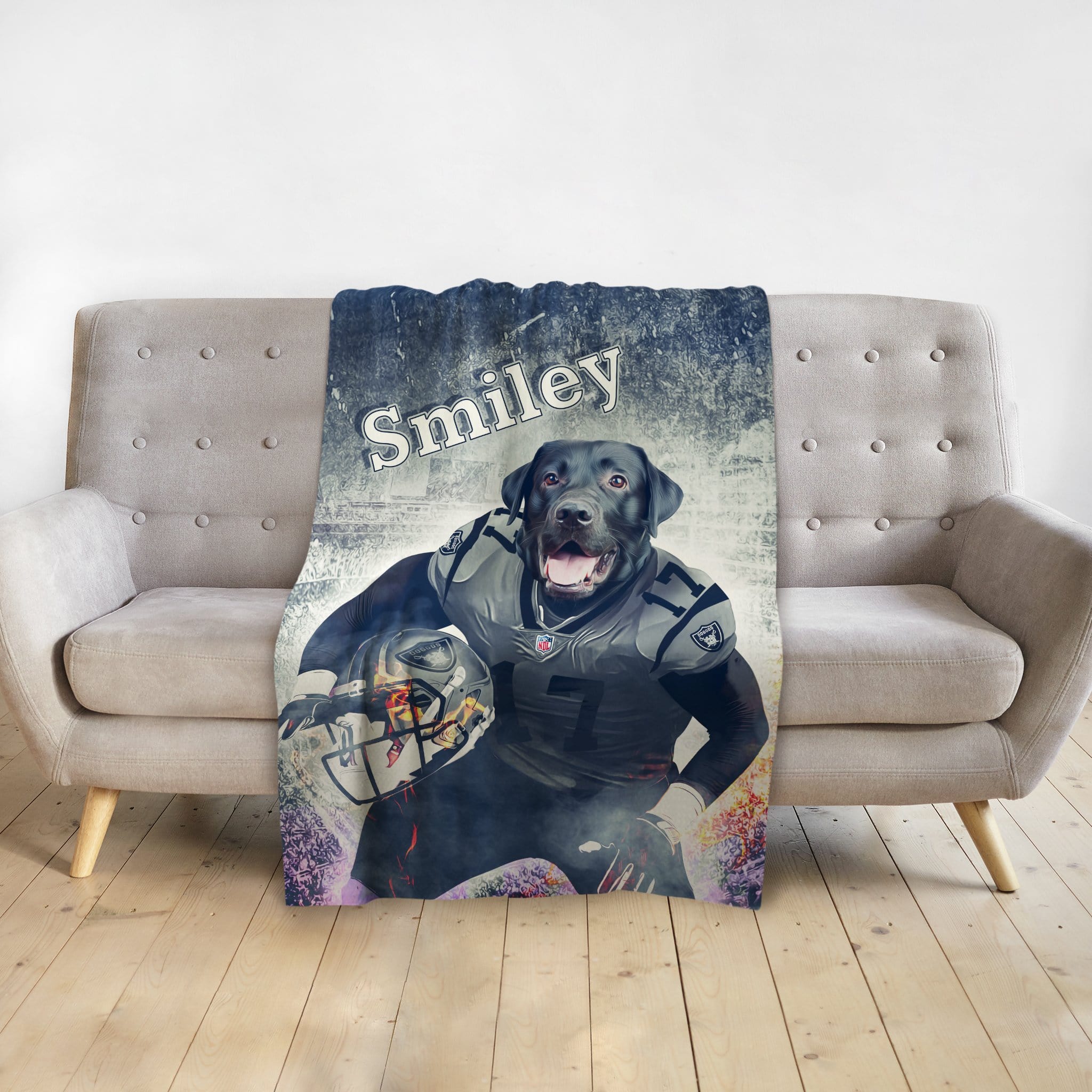 Personalized pet blanket with a black lab dog portrait in a football uniform, named "Smiley".