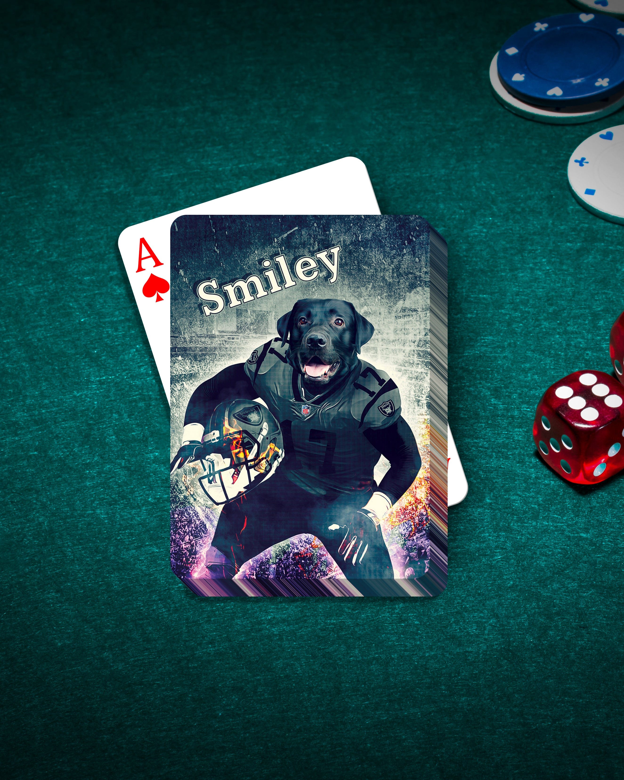 Personalized playing card featuring a black dog in a football uniform, "Smiley" text, on a green felt table.