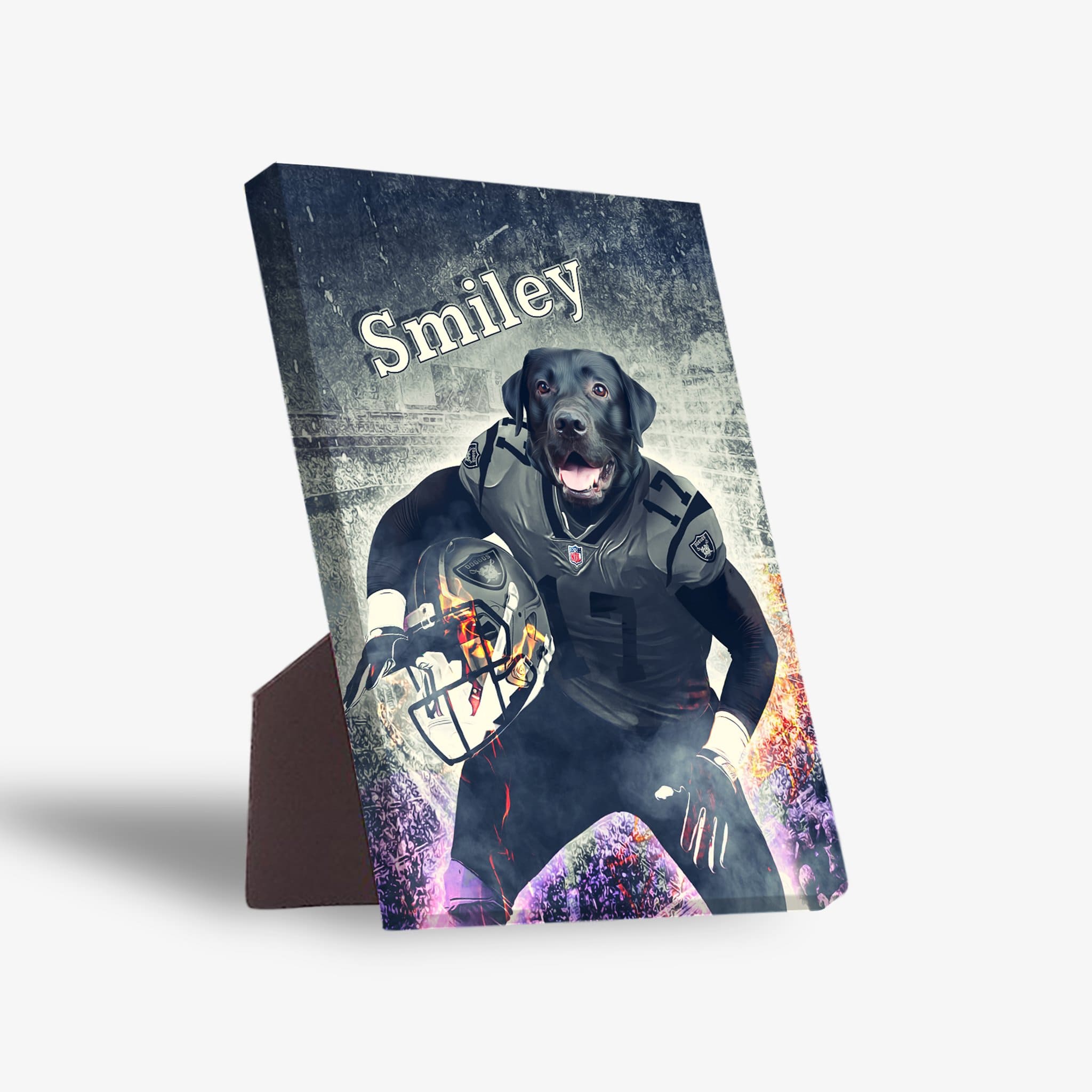 Personalized standing canvas featuring a black dog in a football uniform, holding a helmet, with "Smiley" above.