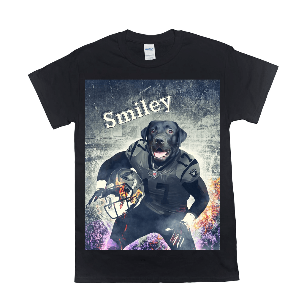Black Gildan t-shirt with a personalized graphic of a black lab in a football uniform, holding a flaming helmet, with "Smiley" text.