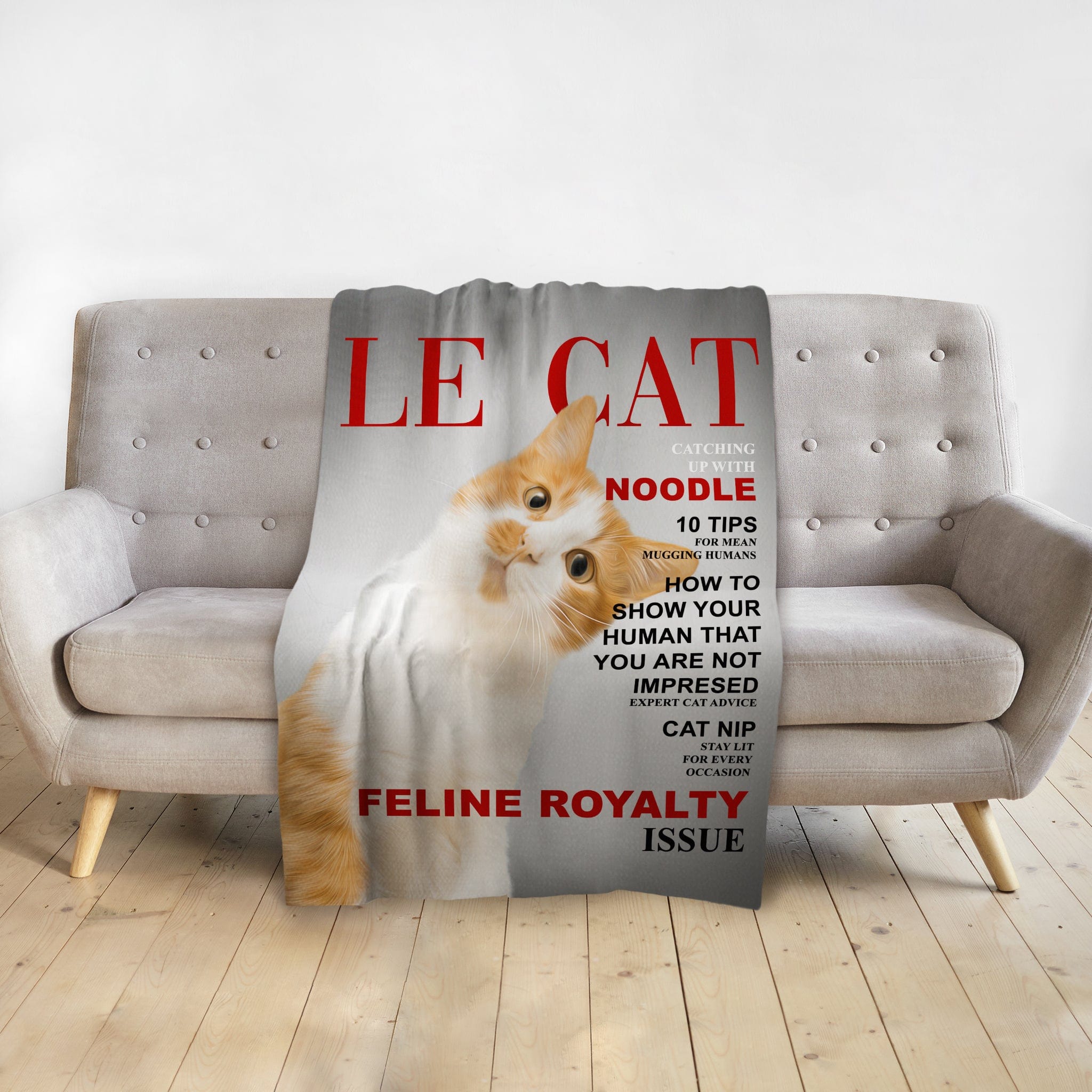 Personalized pet blanket featuring an orange and white cat portrait in a magazine cover style.