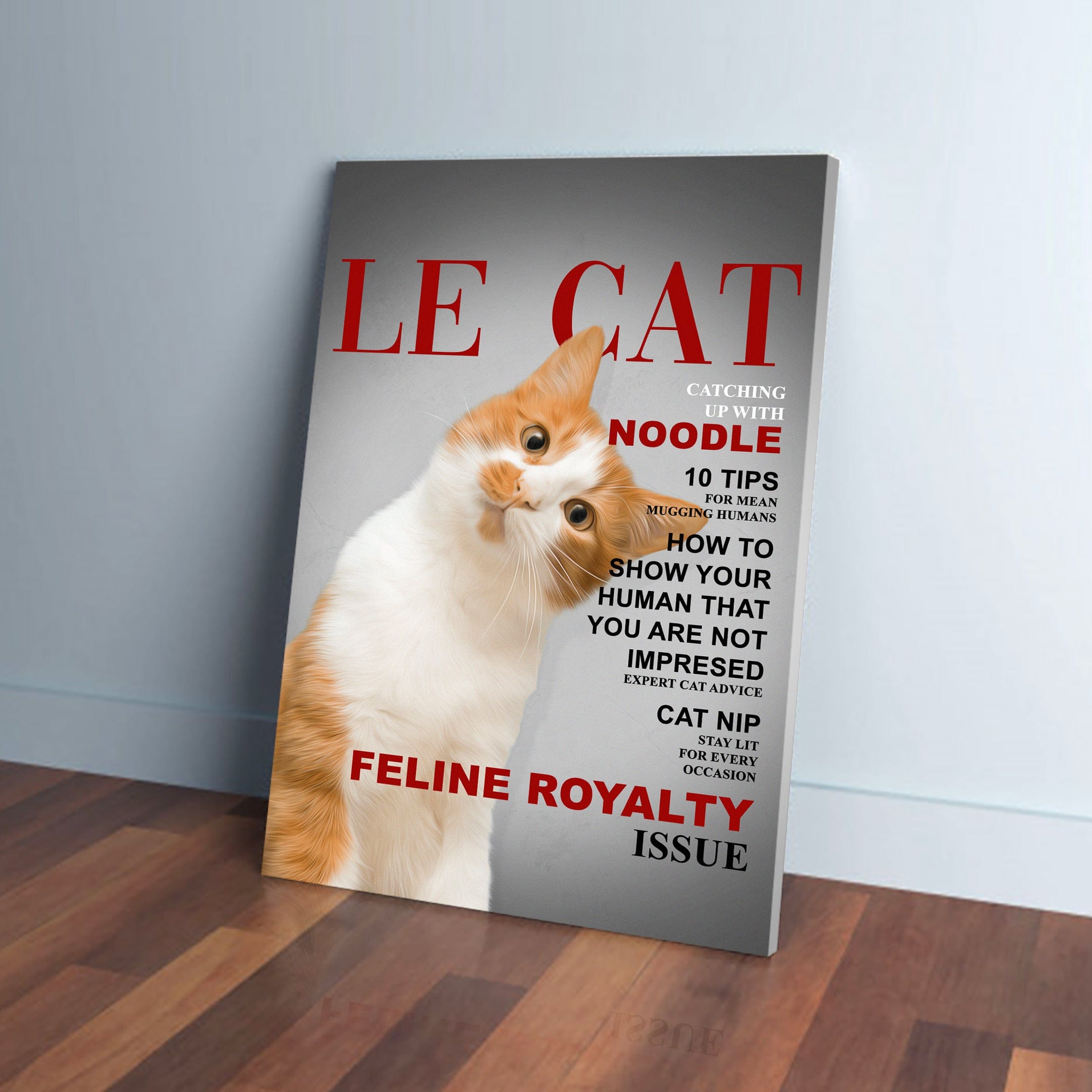 Personalized 'Le Cat' canvas with an orange and white cat on a magazine cover design.
