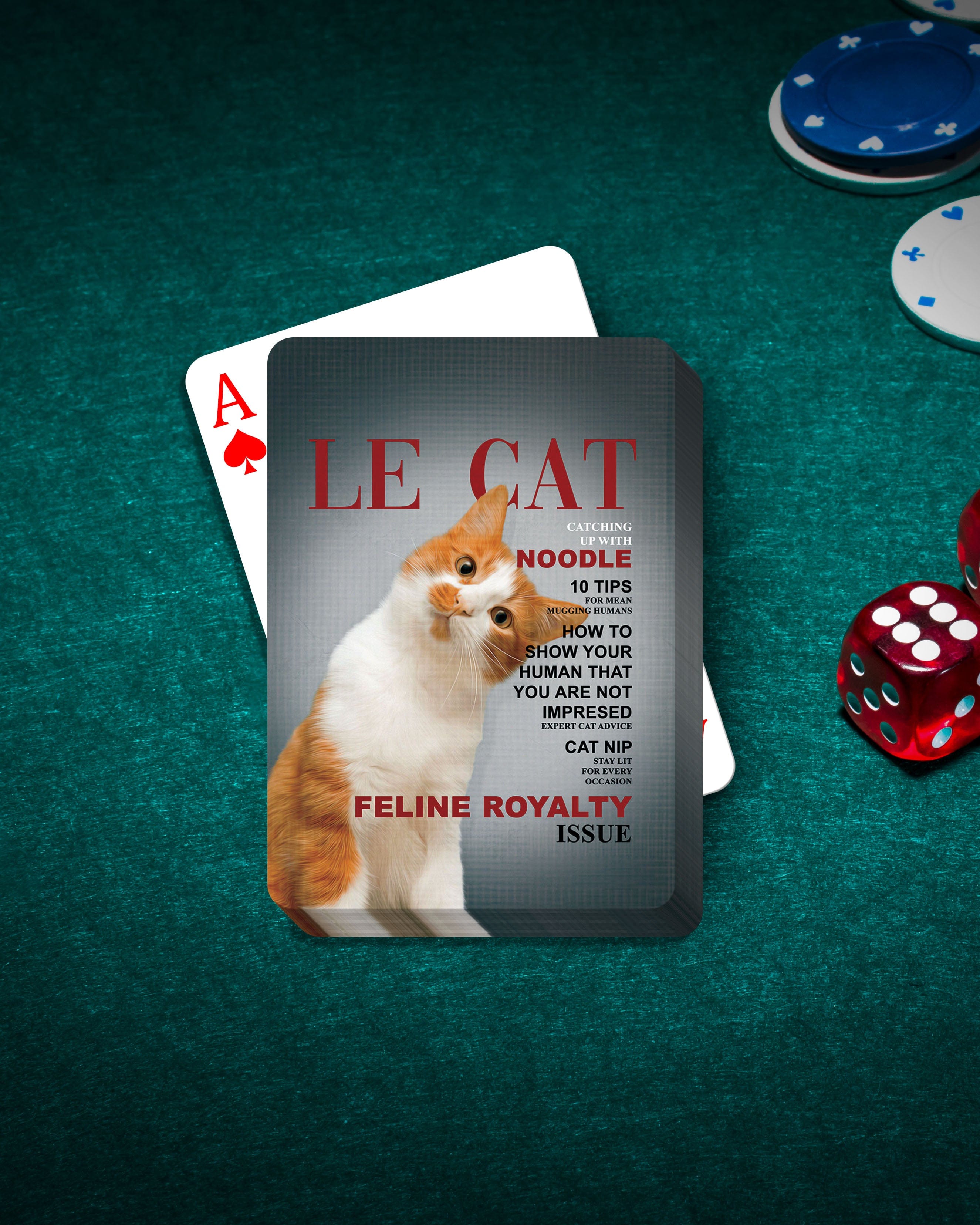 Personalized "Le Cat" playing cards featuring a custom pet portrait of an orange and white cat.